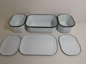 Lote de 3 platos y tapas de refrigerador cubiertos con adornos blancos negros esmaltados vintage - Imagen 1 de 3