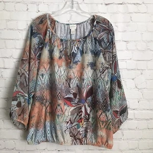 Chicos Womans Boho Print Blouse Keyhole Front Tie Elastic Waist Size Large 12 - Picture 1 of 5