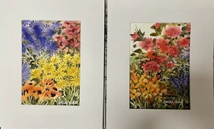 Two ORIGINAL Wilhelm Watercolors Whimsical Floral Garden Flowers Matted To 8”10” - Picture 1 of 3