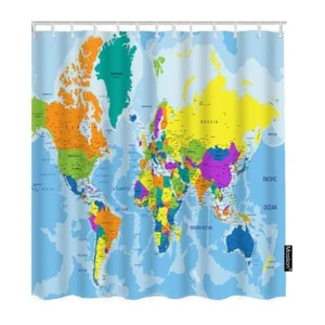 World Map Shower Curtain Set Geography Global Map Country Ocean Mountains Bat... - Picture 1 of 6