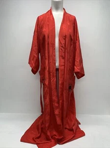 Kimono Robe Pure Silk Belted Short Sleeve Asian Floral Red Unisex Size L Large - Picture 1 of 12