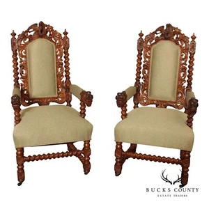 Renaissance Revival Antique Carved Oak Pair of Armchairs - Picture 1 of 12