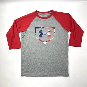 Under Armour Loose Gray/Red Baseball Raglan USA Flag Logo T-Shirt Youth Size L - Picture 1 of 5