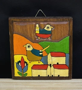 Vintage Wooden El Salvador Fork Art Hand Painted Wall Hanging 3.5" Square - Picture 1 of 5