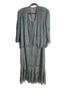 Vintage Damianou Fringe Long Dress & Jacket Sage Green Sz 2X 1980's Made In USA - Picture 1 of 19