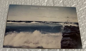 Grand Marais, Mi Harbor Light & Breaking Waves Postcard - Picture 1 of 2
