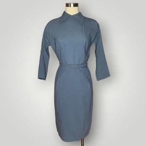 Vestido Lápiz Vintage Raro Don Loper Originales 1950 Azul Plisado Cuello Daga XS - Imagen 1 de 8
