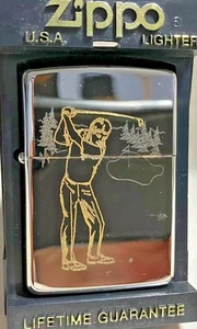Seltenes 1991 hochglanzpoliertes Silber Plate Golfer Gold Inlay Zippo Feuerzeug - Bild 1 von 1
