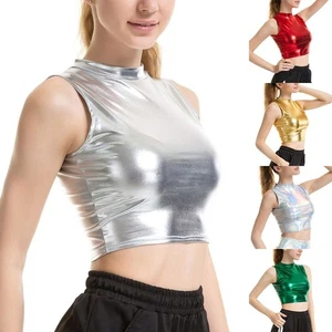 Women Tank Top Vest Tank Tops Wet Look Clubwear Crop Top Fashion Mock Neck New - Picture 1 of 24