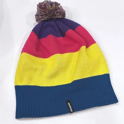 Patagonia Ski Beanie Hat Pom Pom Striped Yellow Blue Pink Unisex - Image 1 of 4