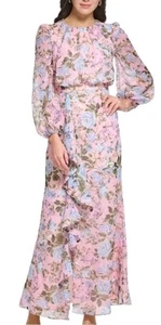 Eliza J Size 6 Pink Floral Waisted Long Sleeve Party Dress Slit Ruffle Maxi $188 - Picture 1 of 6