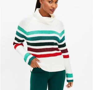 New Lou & Grey Cowlneck Sweater Striped Size Large White Green Red Super Soft - Picture 1 of 6