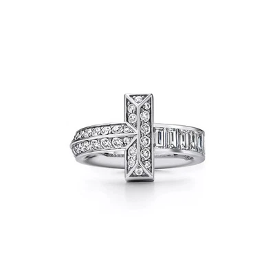 Tiffany & Co. T1 18k White Gold Baguette & Pavé Diamond Ring Size 7 w/ Box - Image 1 of 4