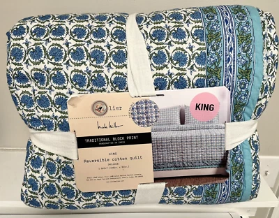 Artelier Nicole Miller Blue White Green KING Traditional Block Reversible Quilt - Image 1 of 4