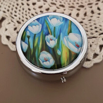 Pill Box For Purse Decorative Pill Case Pill Holder Mint Vitamin Metal Tulips - Image 1 of 4