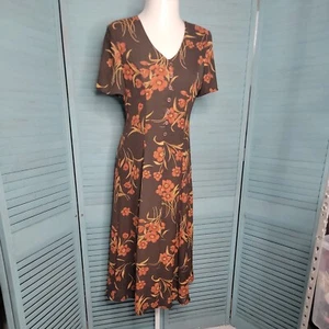 Sag Harbor Long Dress ~ Sz 8 ~ Short Sleeve ~ Brown ~ Floral ~ Shoulder Pads - Picture 1 of 6