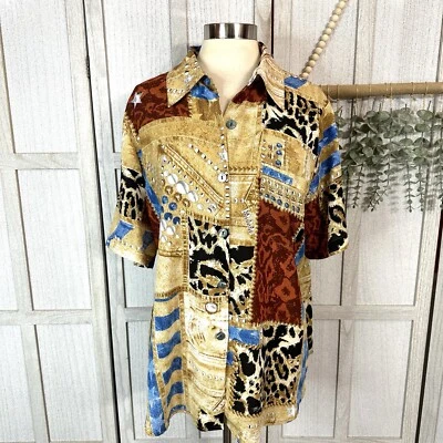 KATHY CHE Western Themed Short Sleeve Blouse Sheriff Badge Stars Animal Print 18 - Image 1 of 4