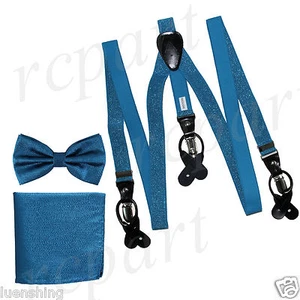 Nuevo Suspendedor Elástico Turquesa Azul Brillo Convertible para Hombre_Bowtie Hankie - Imagen 1 de 6