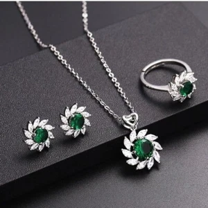 3Ct Round Lab-Created Emerald Necklace Earring Ring 14K White Gold Plated Silver - Picture 1 of 3
