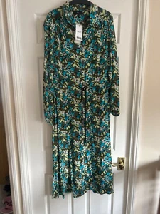 Brand New Next floral shirt dress 16 blue green long sleeve belted zip up midi - Picture 1 of 4