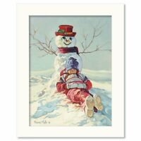 WELL HELLO THERE by Bonnie Mohr 16x20 FRAMED PICTURE Farm Cow Lick Snowman Snow