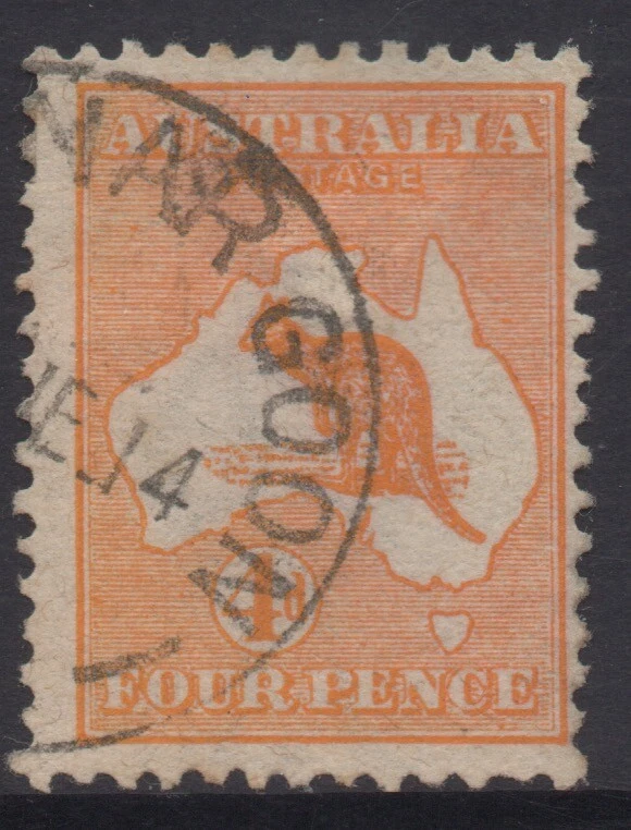 AUSTRALIA 1913 4d ORANGE KANGAROO STAMP (DIE II) VFU 1st.WMK SG.6 - Image 1 of 1