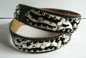 ATLAS Cintura in Pelle Nera, Strass Sud Ovest Look Zebra Rockabilly Bling M - Foto 1 di 7