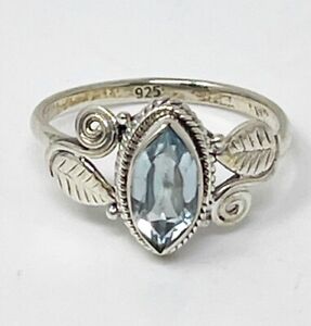 Vintage 925 Sterling Silver Marquis Cut Blue Topaz Gemstone Ring Size 8