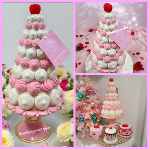 15" MARTHA STEWART Pink White Christmas Tree Cake w Cherry Pedestal Decor NEW - Picture 1 of 6