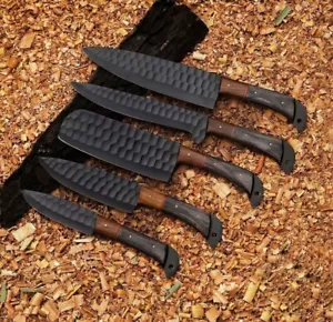 Handmade D2 Steel powder Coat 5pcs Chef Set With leather Sheath And Wood handle - Picture 1 of 3