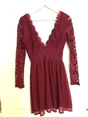 Club L size XS Maroon Deep V-neck Lace Mini Dress Immaculate & Long Lace Sleeves - Image 1 of 4