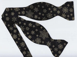 Christmas Bow tie, Metallic Gold Snowflakes on Black, Winter, Self-tie Bow Tie - Picture 1 of 5