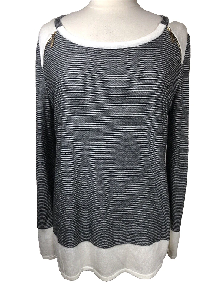 Ivanka Trump Woman's Large Sweater Top Black White Striped Pullover Casual Foto 1 de 4