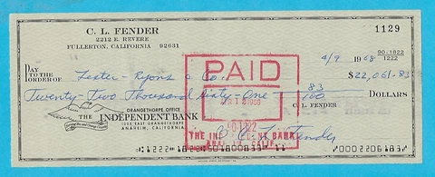 Leo Fender Signed 1968 Business Check Made For $22,061.83 Stratocaster Inventor Cover