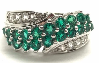 Sterling Silver Channel Set Green Tourmaline CZ Cluster Wave Cocktail Ring Sz 7 - Image 1 of 4