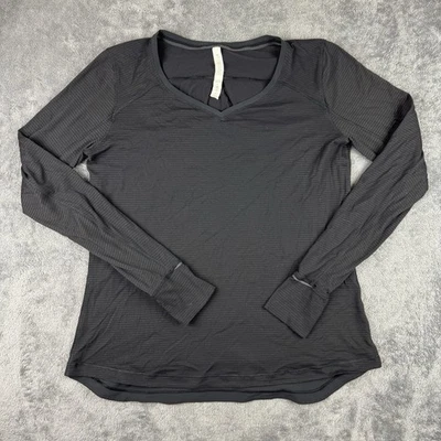 Camisa Lululemon Para Mujer L/XL Race Me Manga Larga Cuello en V Suelta Negra Rayas Foto 1 de 4