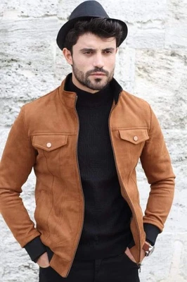 Men Brown Leather Jacket Pure Suede Slim Fit Coat  - Image 1 of 4