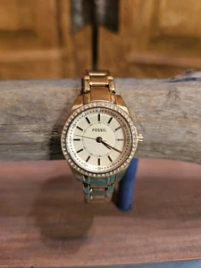 Fossil Womens Sparkle Bezel Watch Rose Gold 27mm Case Needs Battery Nice Cond - Picture 1 of 6