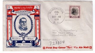#832 Presidential Series $1 Woodrow Wilson 1938 FDC - #29 Warneford - Image 1 of 2