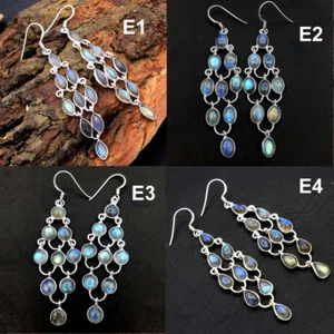 Pendientes colgantes largos especiales de labradorita de plata esterlina 925 de Año Nuevo av0036 - Imagen 1 de 12