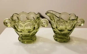 Very Cool/ Unique Vintage Heisey Whirlpool Avocado Green Glass Creamer and Sugar - Picture 1 of 12