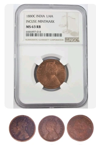 9 PC Set: NGC Certified British India 1/4 Anna 1880 Queen Victoria, (8) 1/2 Pice Cover