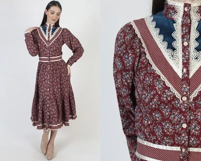 Vintage Gunne Sax Burgundy Calico Dress Prairiecore Boho Jessica McClintock 11 - Image 1 of 4