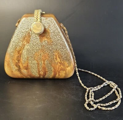 Vintage Luciite Purse Pocketbook Glamorous Gold & Brown Clasp & Chain Strap - Image 1 of 4