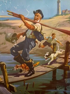 Vintage Hy Hintermeister 11x8 Americana Print Gramp with Oars, Fishing - Picture 1 of 3