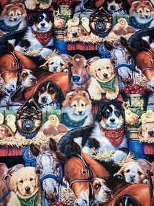 JENNY NEWLAND DAVID TEXTILES PUPPIES, DOGS, HORSES, COWS COTTON FABRIC-32”x44” - Picture 1 of 3