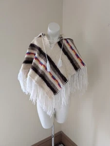 Vintage Wool Poncho Cropped Cream Colorful Stripes Southwestern Fringe Festival - Picture 1 of 18