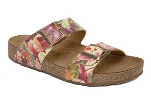 HAFLINGER Sandals Bio Andrea Slides multicolor green beige Flowers Leather NEW - Picture 1 of 5