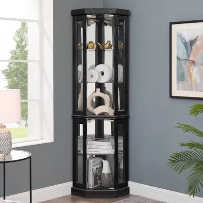 Lighted Corner Curio Cabinet Elegant Glass Display Case Storage for Living Room - Image 1 of 4
