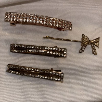 Rhinestone & Bow Barrettes Hair Pins Lot Of 4 Gold Tone Fashion Hair Pins - Image 1 of 4